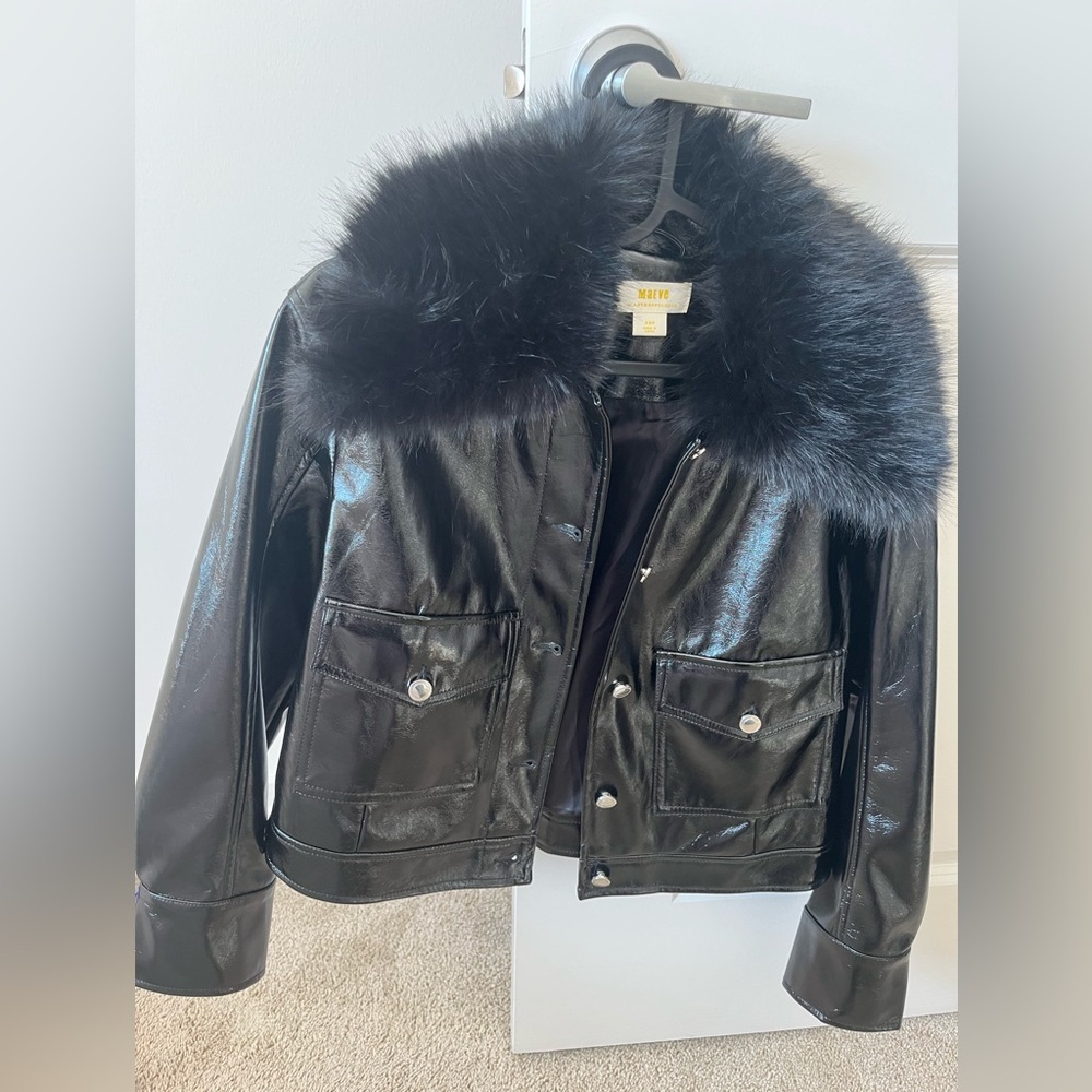 Maeve, Anthropologie leather shiny jacket, fur hood, XSP